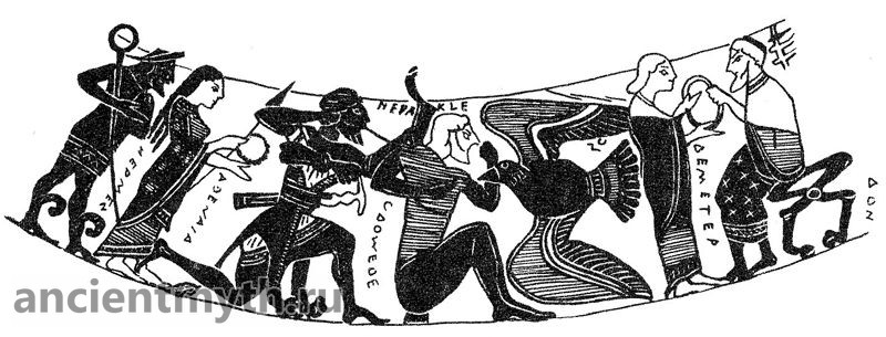Hercules membunuh elang yang menyiksa dada Prometheus dengan panah dari busur
