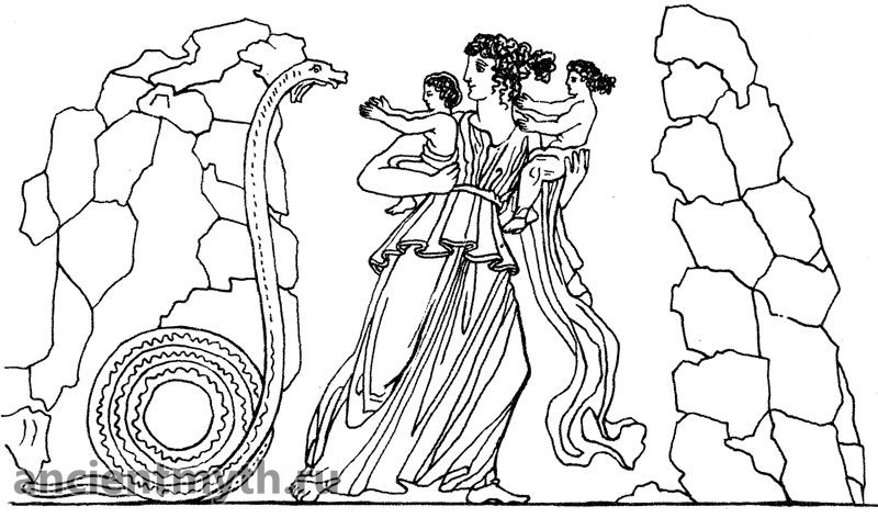 Змей Пифон преследует Латону и её детей, Апполона и Артемиду.