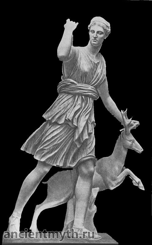 Artemis, dewi pemburu, dengan anak panah di bahunya. 